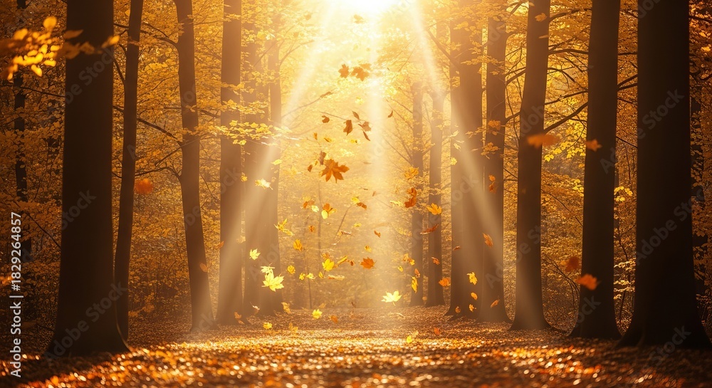 Fototapeta premium Golden autumn forest with sunlight rays piercing through falling leaves