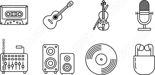 Set of Music, Audio, and Sound Line Icons; Guitar, Mic, Speakers, Vinyl, Cassette, Earbuds Vector