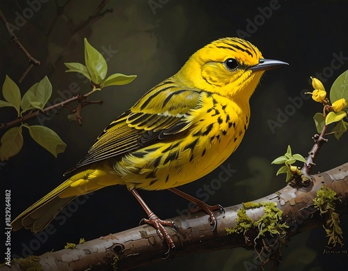 Vibrant yellow bird with dark markings perches on a mossy branch against a blurred, leafy, dark background