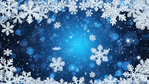 Christmas snowflakes border with bokeh lights and falling snow