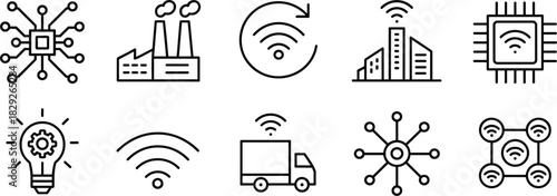 Set of IoT and Smart Technology Line Icons; Wi-Fi, Chip, Factory, Industry, Networking Vector Symbols