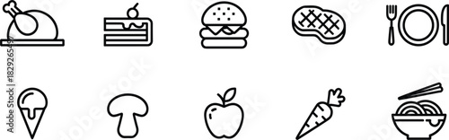 Set of Food and Dining Line Icons; Chicken, Cake, Burger, Steak, Ice Cream, Fruit Vector Symbols