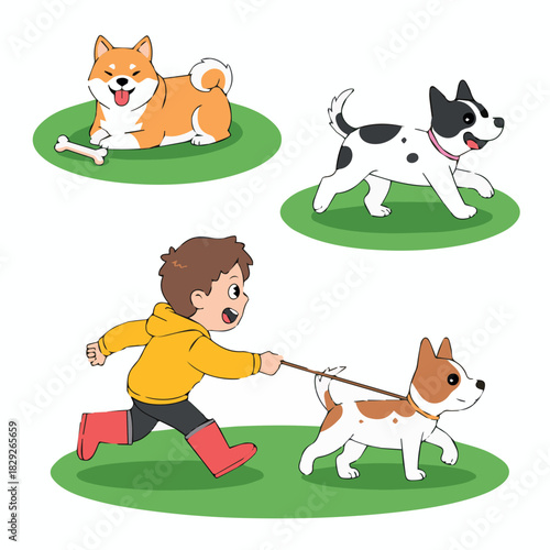 Cartoon dogs vector art: shiba inu, spotted dog, jack russell terrier and boy walking dog vector 100