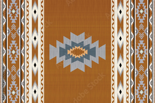 Western rug pattern illustration inspired by cowboy culture and Native American art. Features geometric shapes in warm earthy tones of brown, terracotta, and beige.