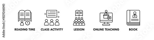 Teaching banner web icon illustration concept with icon of reading time, class activity, lesson, online teaching, and book