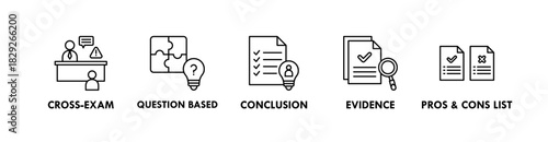 Critical Thinking banner web icon illustration concept with icon of cross exam, question based, conclusion, evidence, and pros and cons list