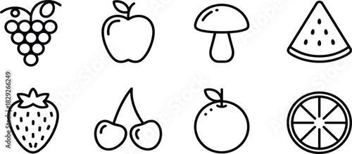 Set of Fruit and Produce Line Icons; Apple, Grape, Strawberry, Orange, Cherry Vector Food Symbols