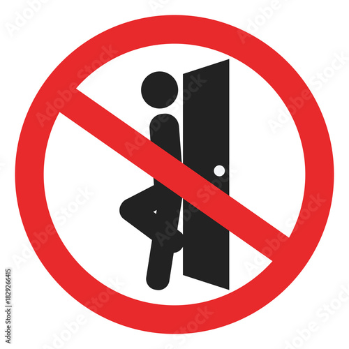 Isolated illustration of a stick figure silhouette leaning on a door with a red line for a sign prohibiting leaning on the door