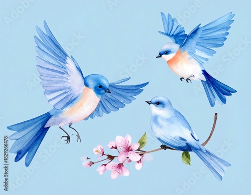 cute abstract blue birds and blossom spring branches, delicate watercolor illustration elements