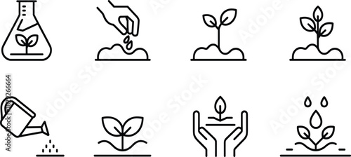 Set of Plant Growth and Gardening Line Icons; Seed, Sprout, Watering, Agriculture, Botany Vector Symbols