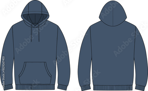 Technical fashion flat template for indigo blue colored pullover hoodie sweatshirt with hood, drawstring, kangaroo pocket, and ribbed cuffs CAD drawing vector art
