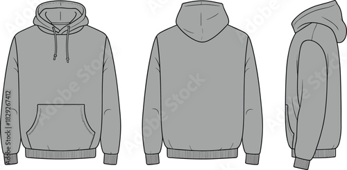 Technical fashion flat template for gray colored pullover hoodie sweatshirt with front, back, and side views CAD drawing vector art