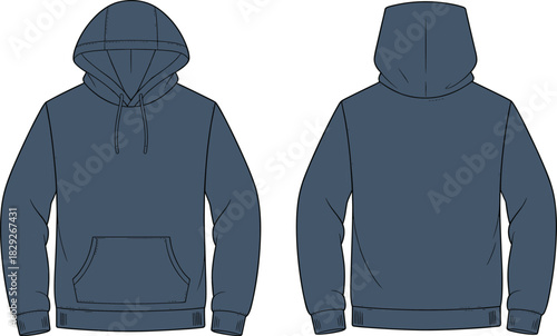 Technical fashion flat template for navy blue colored pullover hoodie sweatshirt with hood, drawstring, kangaroo pocket, and ribbed cuffs CAD drawing vector art