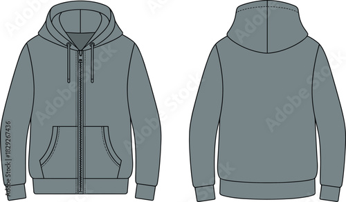 Technical fashion flat template for gray colored zip-up hoodie sweatshirt with hood, zipper, pockets, and ribbed hem CAD drawing vector art
