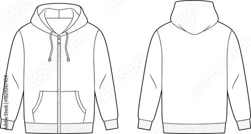 Technical fashion flat template for classic fitted zip-up hoodie sweatshirt with hood, metal zipper, pockets, and ribbed cuffs CAD drawing vector art