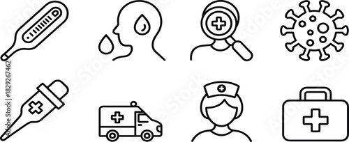 Health and Medical Line Icons Set; Virus, Thermometer, Ambulance, Nurse, First Aid Kit Vector Symbols