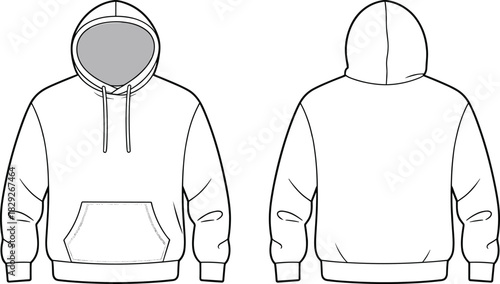 Technical fashion flat template for oversized pullover hoodie sweatshirt with hood, drawstring, kangaroo pocket, and ribbed hem CAD drawing vector art