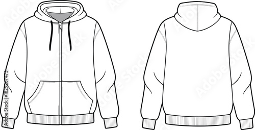 Technical fashion flat template for unisex zipped hoodie sweatshirt with hood, drawstring, pockets, and ribbed cuffs CAD drawing vector art