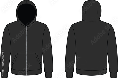 Black men's full zip-up hooded jacket technical fashion flat sketch vector template, front and back view, with metal zipper, split pouch pocket, and ribbed cuffs and hem