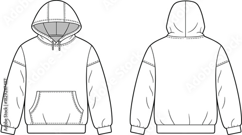 Oversized white unisex pullover hoodie technical fashion flat sketch vector template drawing, front and back, with dropped shoulders, kangaroo pocket, and ribbed hem, for designers