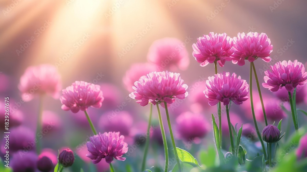 Obraz premium Field Of Vibrant Pink Clover Flowers Bathed In Warm Golden Sunlight With Soft Bokeh Background During A Beautiful Spring Morning