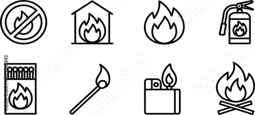 Set of Fire, Safety, and Warning Line Icons; Extinguisher, Matches, Bonfire, Lighter Vector Symbols