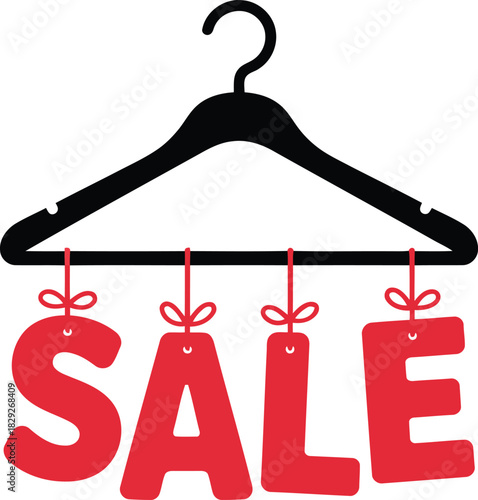 A simple black clothes hanger with four dangling red tags spelling the word SALE