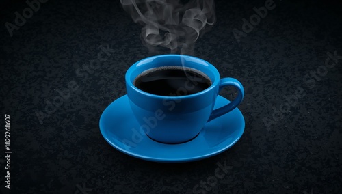 Hot black coffee in a vibrant blue cup with gentle rising steam