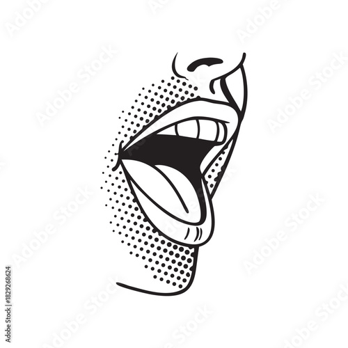 Close up of a woman s open mouth with tongue sticking out in a halftone dot art style
