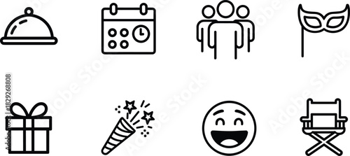 Set of Event and Party Line Icons; Gift, Calendar, Mask, Popper, Serving Dish Vector Symbols Collection