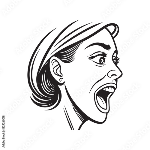 Close up profile of a woman s face with mouth open in a scream or shout