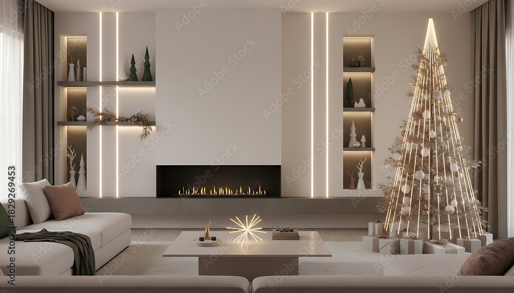 Fototapeta premium Minimal modern living room with illuminated fireplace and elegant lit Christmas tree creating cozy warm holiday ambiance