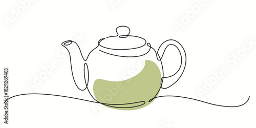 Green Tea pot one line drawing. Green Tea pot single line illustration. Green Tea pot minimalist line art