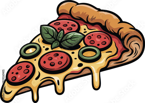 An appetizing cartoon pizza slice showcasing gooey cheese, round pepperoni, and fresh green basil leaves