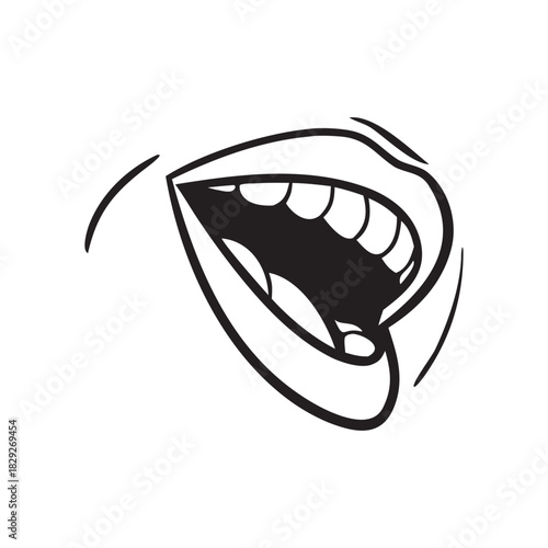 Stylized line art drawing of a wide open mouth expressing surprise or laughter