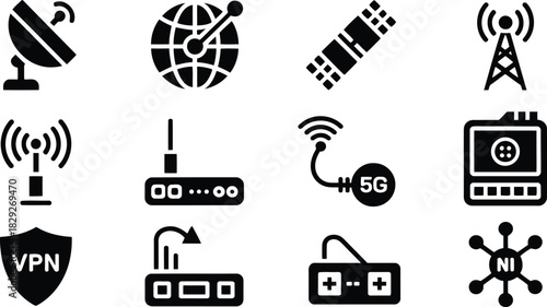 Assortment of black silhouette icons representing modern communication and internet infrastructure