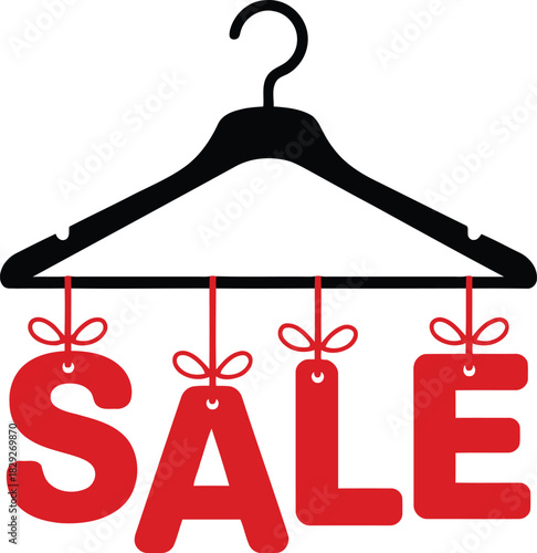 Black clothes hanger displaying red sale price tags on a bright white background