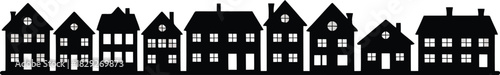Black silhouette illustration showing a charming row of various houses and small buildings