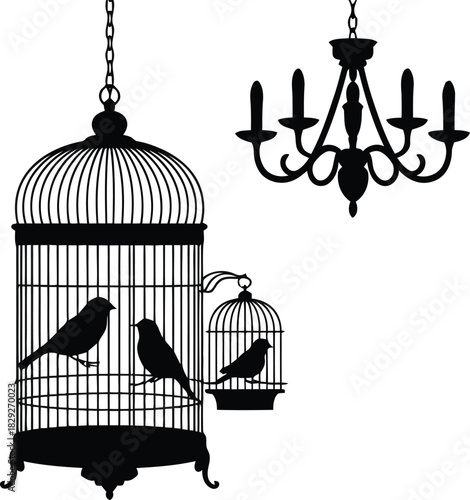 Black silhouette illustration showing birds inside decorative hanging cages and an elegant chandelier