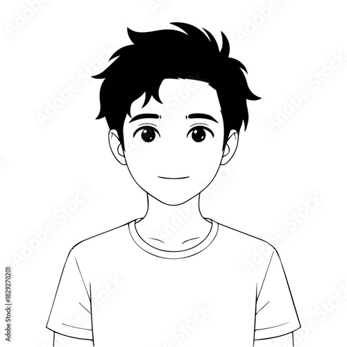 Vector a black and white drawing of a young man with dark hair and a t shirt looking forward calmly