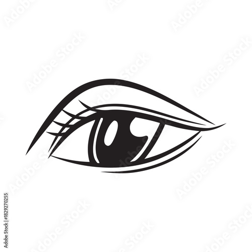 Stylized hand drawn anime style eye with eyelashes and pupil on white background