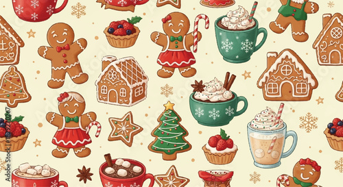 Christmas gingerbread cookies and hot chocolate drinks seamless pattern.