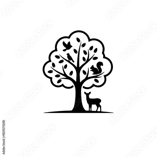 Natural Habitat Preservation Icon. A simple black and white graphic featuring a tree or landscape with silhouettes of various animals (birds, squirrels), representing ecosystem health and habitat 