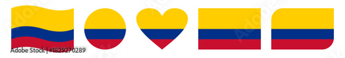 Set of Five Colombia Flag Vector Icons Featuring Waving Banner, Circular Emblem, Heart Shape, Rectangular Badge, and Rounded-Edge Design in National Yellow, Blue and Red Colors
