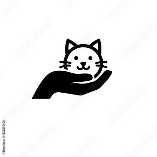 Caring Hand and Pet Icon. A minimalist black and white silhouette of a human hand gently embracing the head of a pet (dog or cat), emphasizing animal protection and welfare