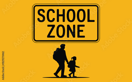 Bright yellow warning sign with black text indicating a school zone ahead