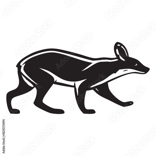 Stylized silhouette of a black bilby animal with long ears and a pointed snout