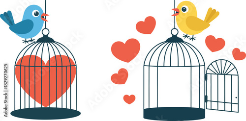 Cartoon blue bird observes a large heart in a closed cage next to an open cage with a yellow bird