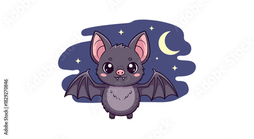 Adorable cartoon bat flying under the moonlight, perfect for Halloween projects or children's books, sure to bring smiles and spooky fun