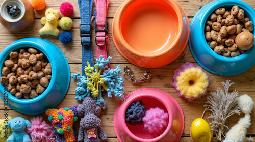 Vibrant pet supplies and colorful toys create a playful atmosphere for happy pets, showcasing essential accessories and engaging playthings for animal lovers